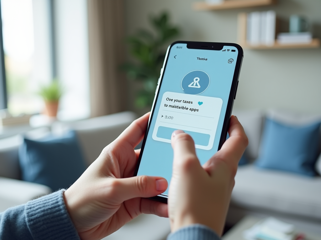 Руки держат смартфон с приложением для уплаты налогов на комфортабельном домашнем фоне.