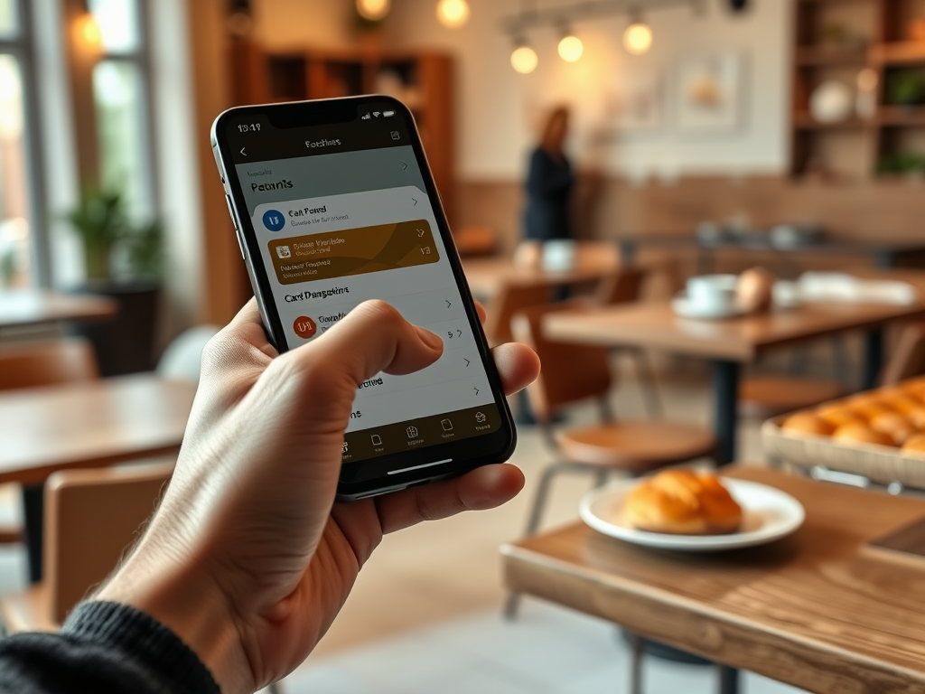 На изображении видно, как человек использует телефон в кафе, выбирая что-то на приложении. Вокруг столы и еда.