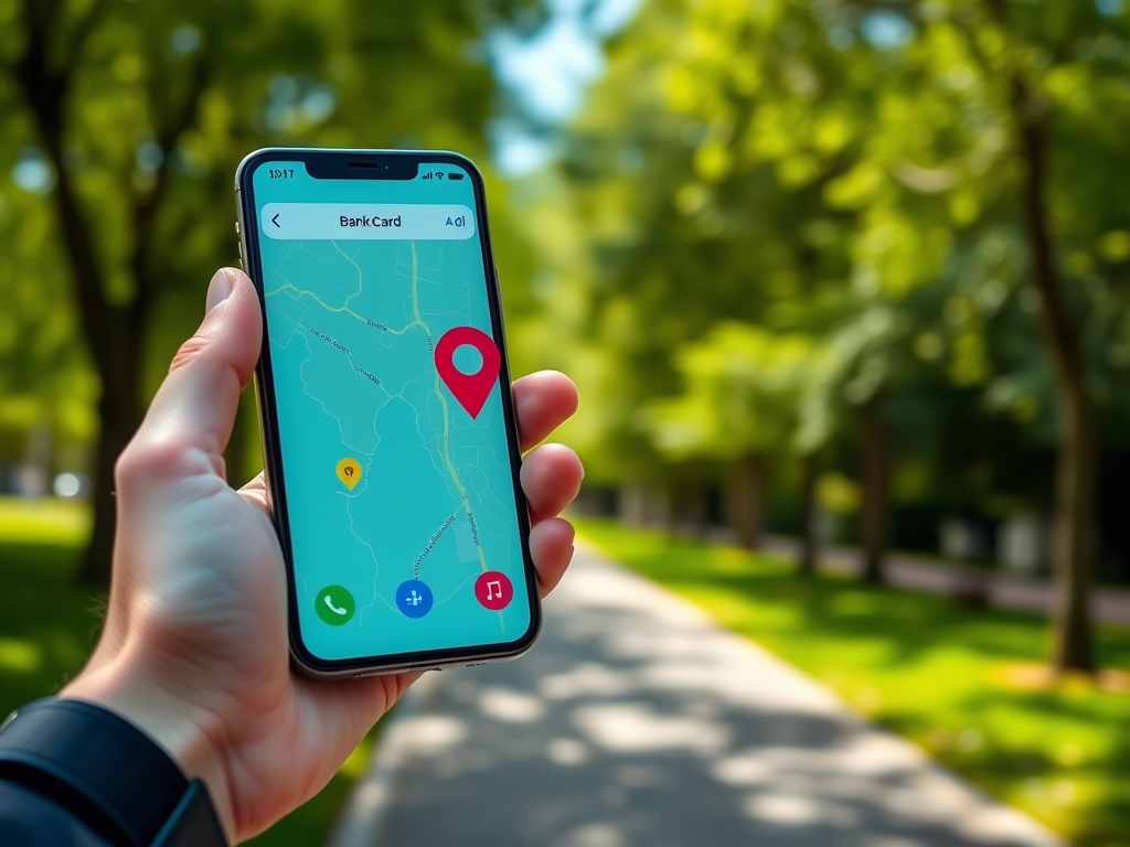На изображении видно, как человек держит смартфон с картой на фоне зеленого парка.