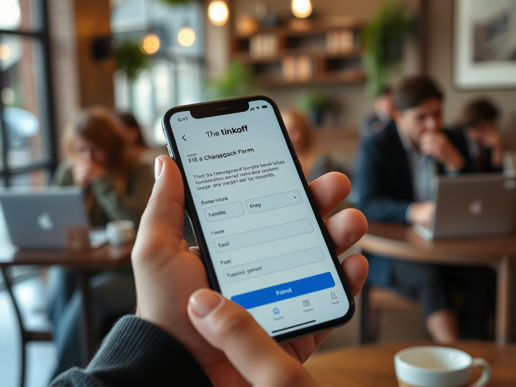 На экране смартфона открыта форма для заполнения в приложении Тинькофф. В кафе работают люди за ноутбуками.